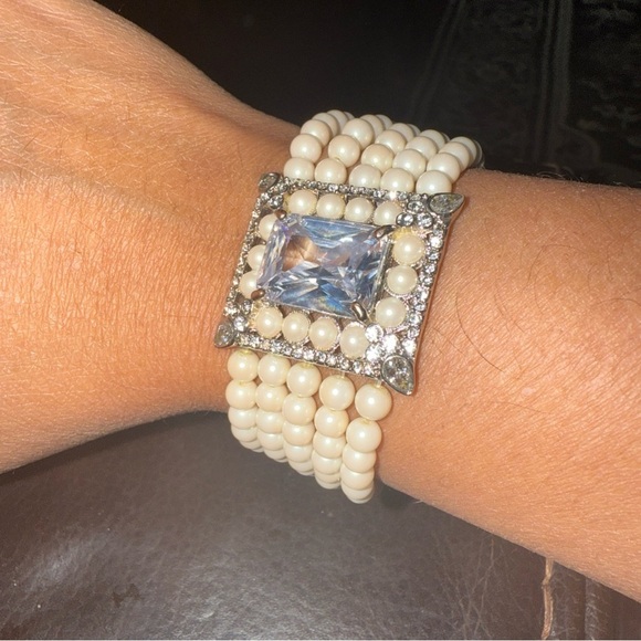 Carolee 5 Stranded Tiny Faux Pearl & Stone Stretch Bracelet- Silver Tone - Picture 5 of 7